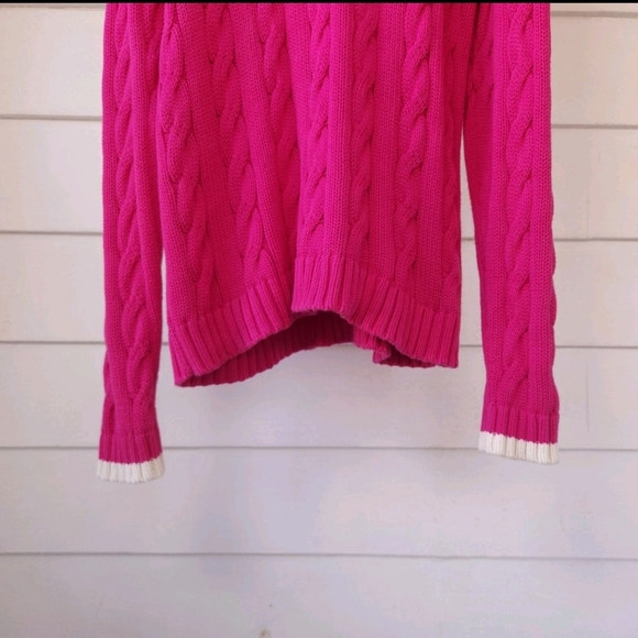Lauren Ralph Lauren Vibrant Pink White Logo Monogram Cable Knit Sweater Sz XLT - Picture 2 of 3